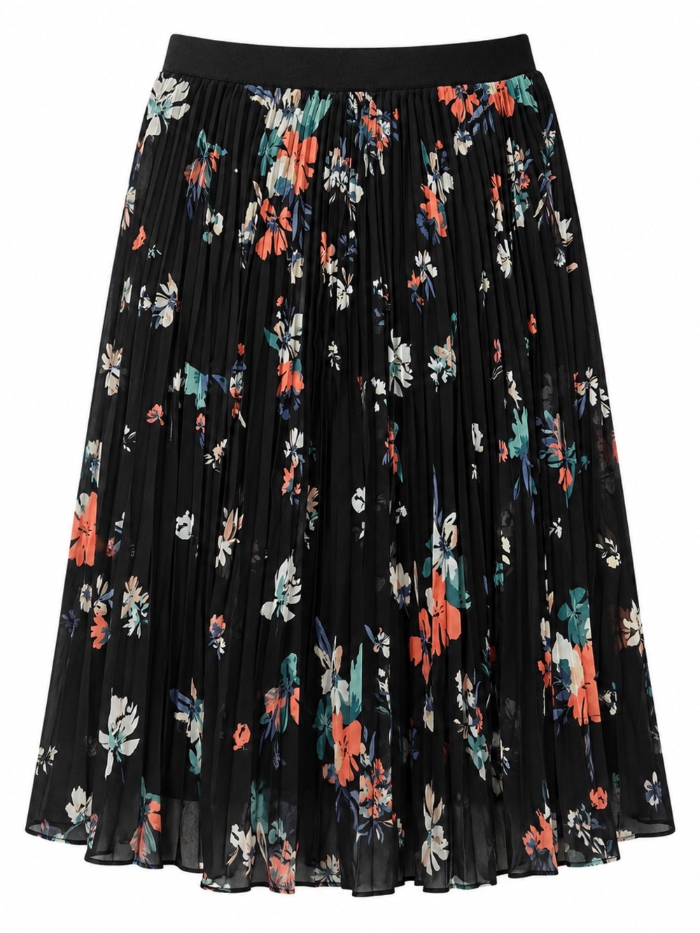 EVRI Black Pleated Midi Skirt with Coral, Teal & Ivory Floral Print